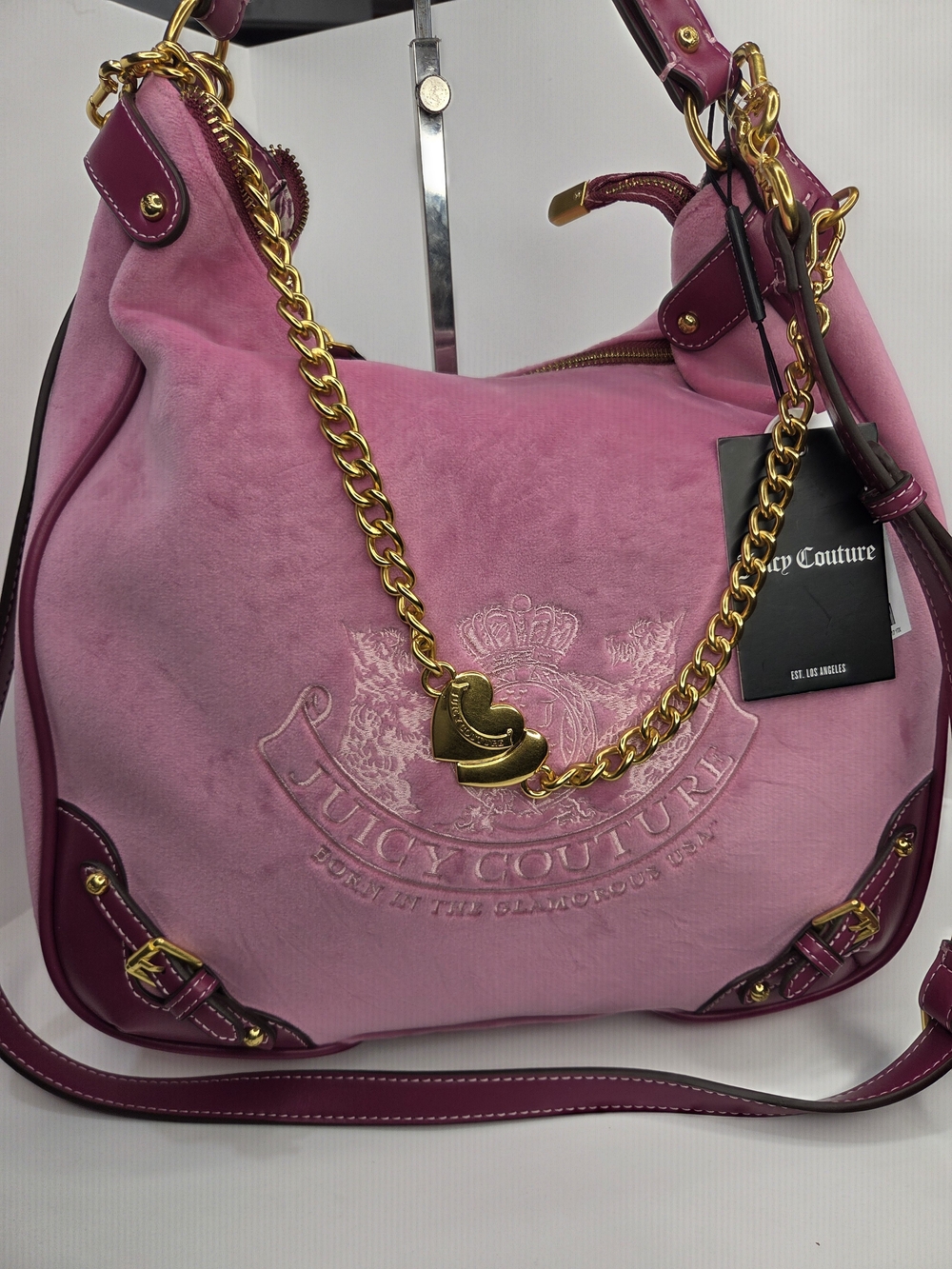 💕▪️Juicy Couture▪️uk Exclusive Twig Pink Suede Purple Trim Gold Chain Hobo Bag - Picture 4 of 13